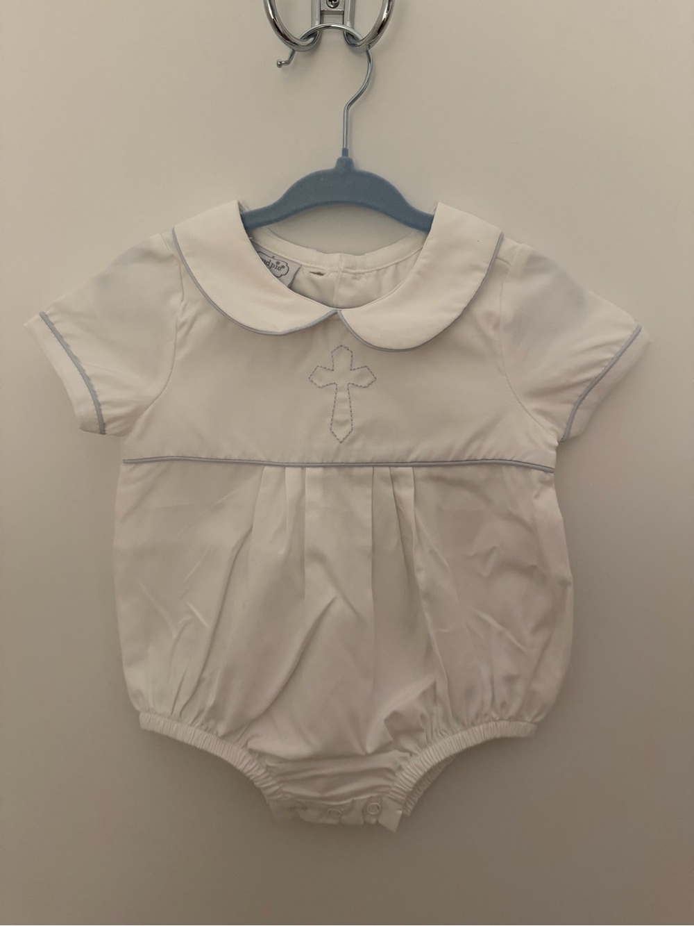 Mud Pie Poplin White Baby Romper with Light Blue Trim and Embroidered Cross